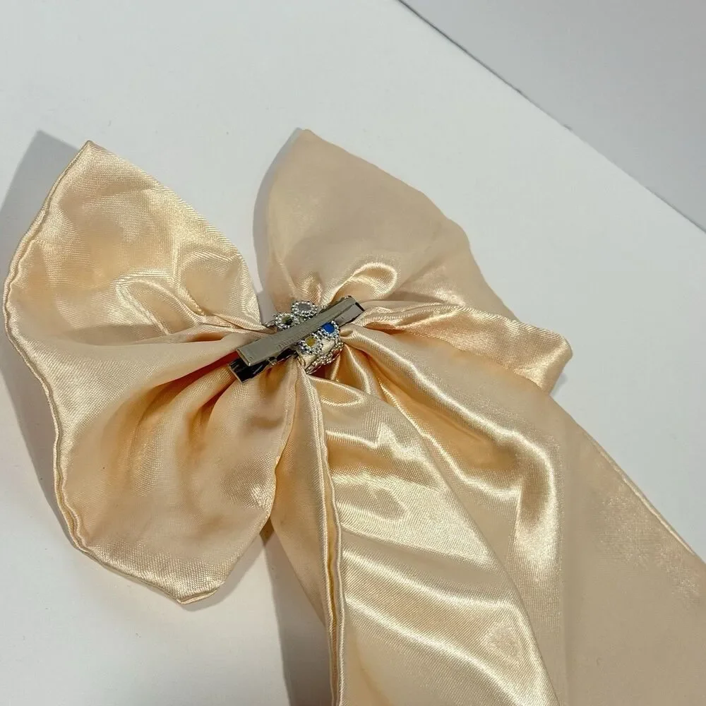 Oversized Satin Bow Bridal Bow Embellished Hair Bow Long Tail Women’s Hair Bow - Picture 8 of 15